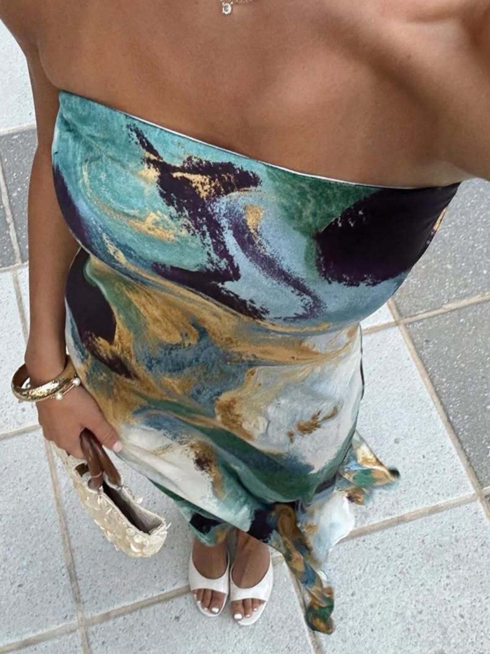 12th Tribe Natalia Blue and Gold Watercolor Strapless Maxi Dress Size XSXS - Picture 1 of 3